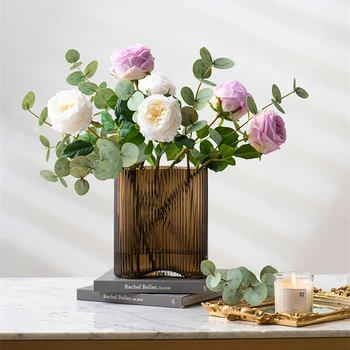 Visoka kakovost Pravi dotik big tea rose veje in listi Evkaliptusa umetnega cvetja za dom dekor deco mariage flores