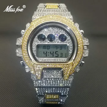MISSFOX Hip Hop v Celoti Ledeni Iz Moške Ure Digitalni Koledar Automatic Watch Luksuzni Diamond ročno uro Budilko Dropshipping