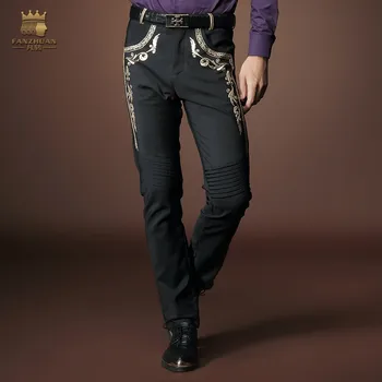 FANZHUAN Brezplačna Dostava Nov modni moški jeseni hlače za moške vezenje kavbojke Cvjetnim Natisne Ruffle skiny črne hlače 518017