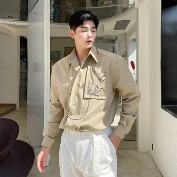 Oblačila za moške Verige Svoboden Priložnostne Majice z Dolgimi Rokavi Moški korejski Ulične Mode Vintage Obleko Srajco Bluzo Moški Barva Majica