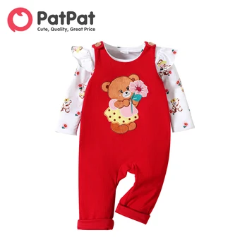 PatPat Newborn Baby Girl Obleke Novo Rojen Kombinezon Jumpsuits Allover Medved Tiskanja Dolg rokav Tee in Vezene 2pcs Romper Set