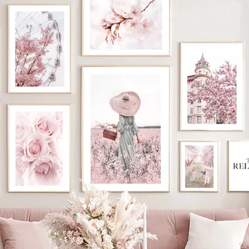 Roza Sakura Rose Tulipanov Cvet Krajine Wall Art Platno Slikarstvo Nordijska Plakatov In Fotografij Stenske Slike Za Dnevna Soba Dekor