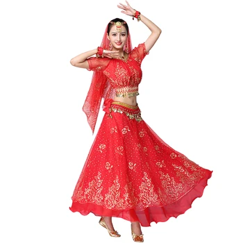 Bollywood Ples Trebuh Kostum Nastavite Indijski Ples Sari Bellydance Krilo Obleko Ženske Šifon 5pcs (Headpieces Tančico Vrh Pasu Krilo)
