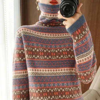 Turtleneck Pulover ženske, 100%Volna, Kašmir pulover ženske plesti pulover 2021 jeseni, pozimi nov Kup ovratnik priložnostne Ženski pulover