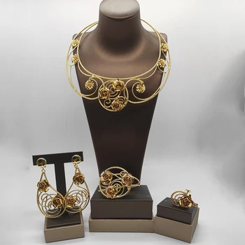Afriške Zlato Barvo Nakit Set za Ženske Poroke, Poročne Cvet Design Ogrlica in Uhani Bangle Obroč 4Pcs Set za Dubaj Darilo