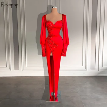 Dolg Rokav Resnične Ženske Večerne Obleke 2022 Ljubica Luksuzni Beaded Spredaj Sllit Dubaj Rdeče Saten Formalno Oblek