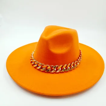 Velike verige fedora klobuk 9.5 cm roba nastavljiv unisex klobuk velikosti fedora hip hop klobuk oranžna jazz pozimi klobuk шапка женская