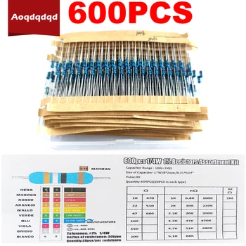 600PCS 30 Vrednosti 1/4W Kovinski Film Upor Mešani Komplet Elektronika 1K 10K 100K 220ohm 1M 10R~1M Odpornost za Arduino Raspberry Pi